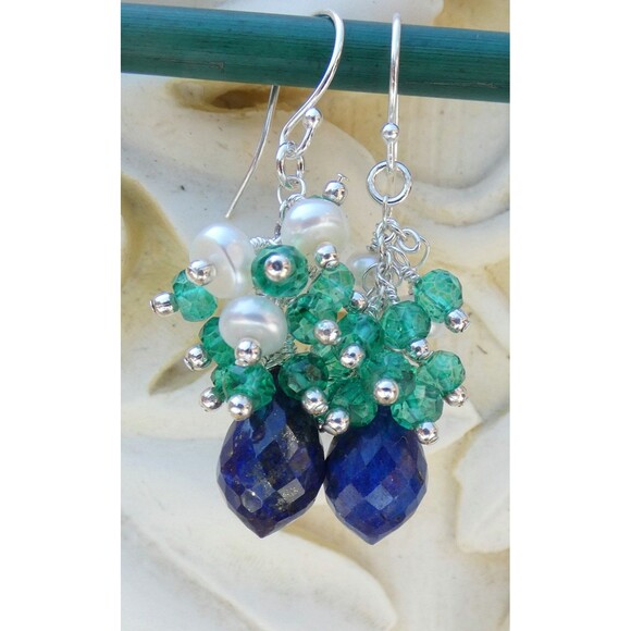Lapis Lazuli-Green Quartz-Fresh Water Pearl Beaded Sterling Silver Earrings - Picture 5 of 6